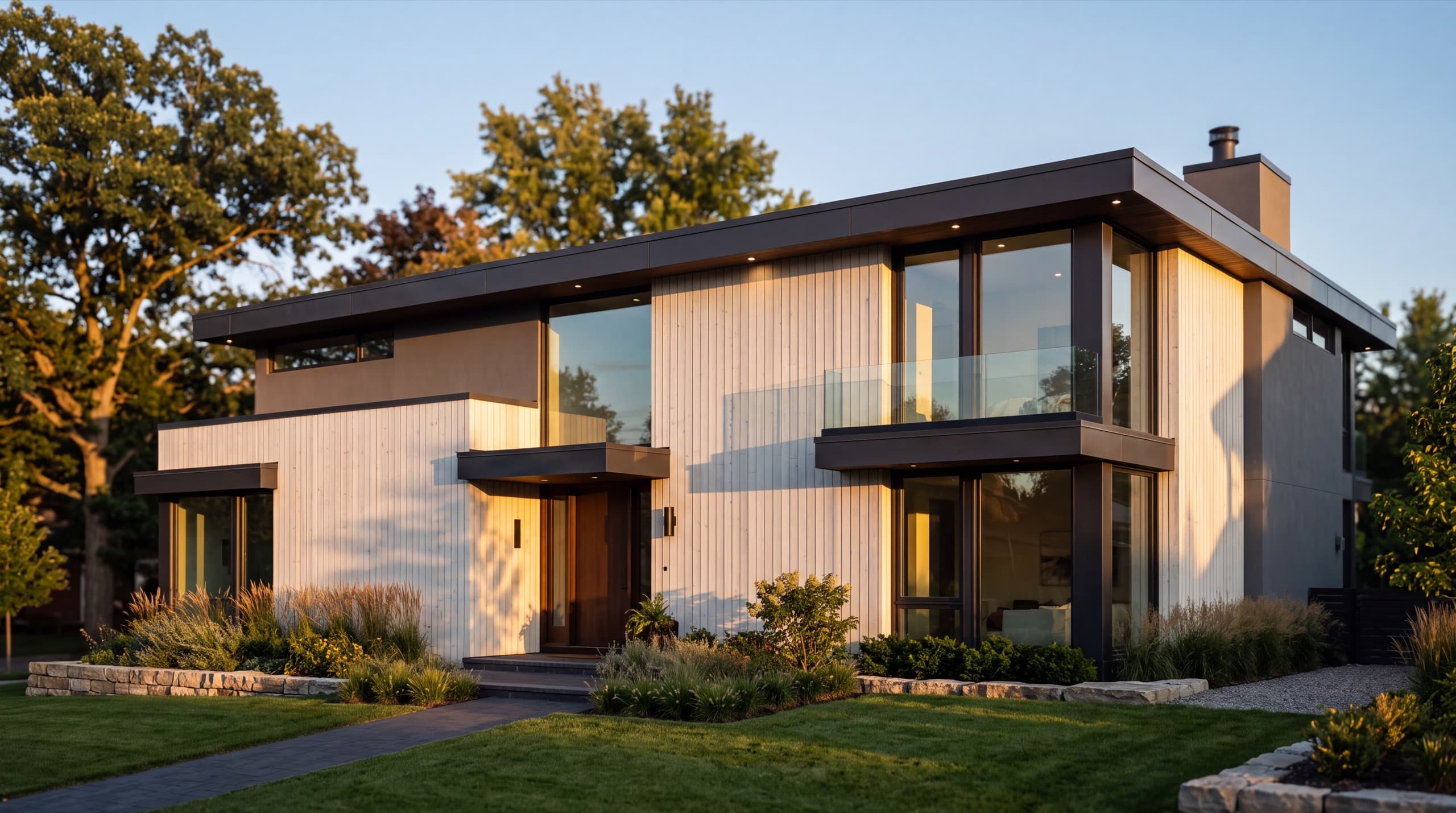 A modern American home at golden hour
